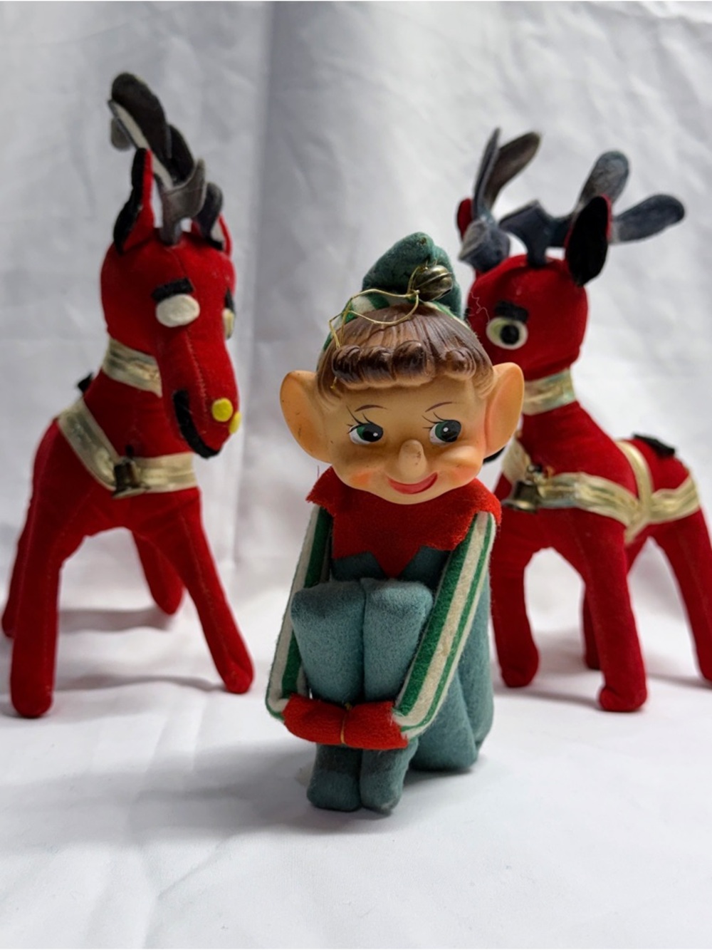 Vintage MCM Christmas Felt Reindeer Knee Hugger Elf Vintage Posable Plush